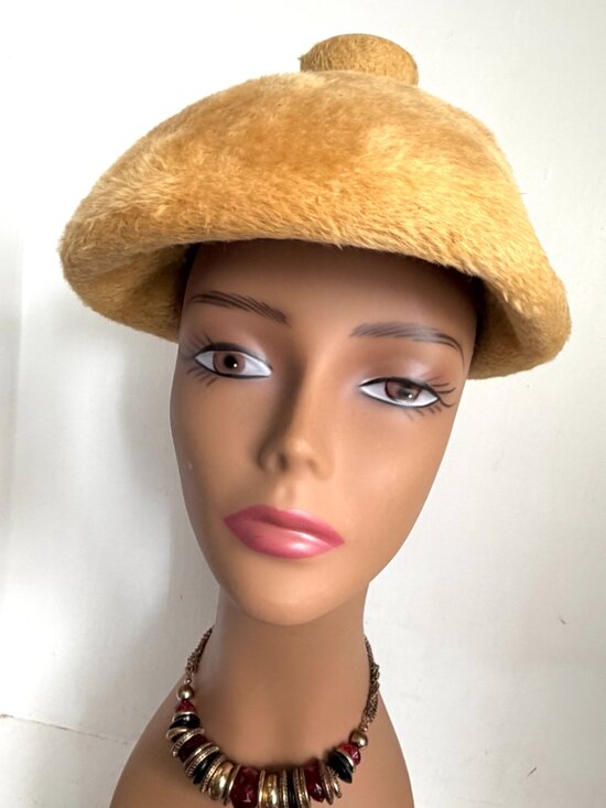 Vintage 60s Fuzzy Faux Fur Pillbox Toque Pillbox Hat Camel Golden Tan Germany main image 8